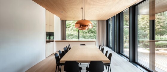 Modern conference room featuring a long wooden table and large windows, designed for collaborative meetings and brainstorming sessions in a bright space.