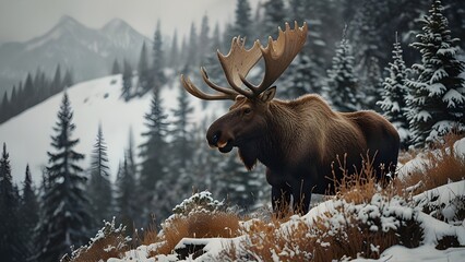 Majestic Moose in Winter Wonderland: A Stunning Portrait of Nature's Iconic Wildlife Amidst Snowy Pines