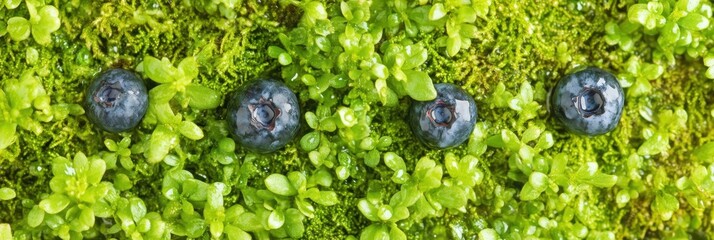 Fresh blueberries nestled in vibrant green moss and lush vegetation background