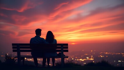 Obraz premium Silhouetted couple gazing at a vibrant, fiery sunset from a bench overlooking a twinkling cityscape.