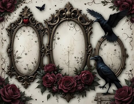 Ornate Mirrors, Dark Roses, and Ravens: A Gothic Romantic Artwork