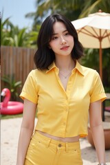 woman with black bob wave hair, dressed in a yellow beach shirt and shorts, smiling while sitting near a flamingo float and beach umbrella in her backyard oasis