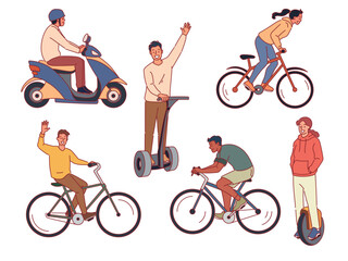 Naklejka premium Happy people ride ecological transport. Electric city vehicles, scooters and bicycles, healthy active lifestyle, bike drivers, men and women baking in park cartoon flat isolated vector set