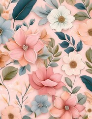 a wallpaper with hand-drawn pastel-colored flowers and leaves 