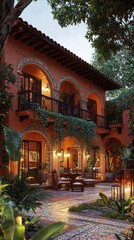 Fototapeta premium Traditional latin american hacienda with lush courtyard at twilight