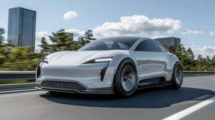 Obraz premium A futuristic new energy electric car speeding on a highway in a modern city, surrounded by skyscrapers, green trees, and bright daylight, symbolizing innovation, sustainability, and smart mobility.