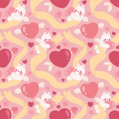 Seamless valentines day pattern with cupid bunny, ribbon, arrow piercing a heart and heart with wings on pink background