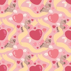 Seamless valentines day pattern with cupid cat, ribbon, arrow piercing a heart and heart with wings on pink background