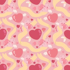 Seamless valentines day pattern with cupid pig, ribbon, arrow piercing a heart and heart with wings on pink background