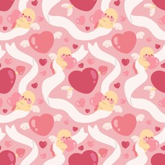 Seamless valentines day pattern with cupid chicken, ribbon, arrow piercing a heart and heart with wings on pink background