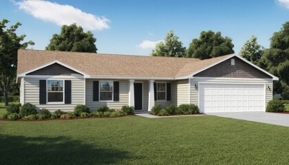 A stylish modern house with gray siding, a well-kept yard, and decorative shrubs, perfect for real estate photography and showcasing home exteriors.