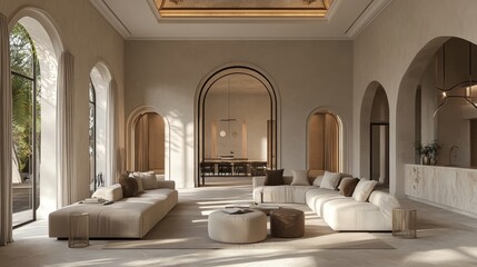 A Mediterranean-style luxury living room with arched doorways, neutral tones, and an ornate ceiling design.