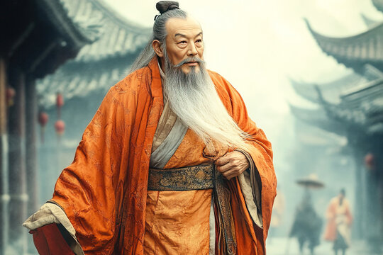 Lao Tzu walks through an ancient Chinese city on a misty day in the 6th century BC