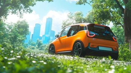 A futuristic new energy electric car speeding on a highway in a modern city, surrounded by skyscrapers, green trees, and bright daylight, symbolizing innovation, sustainability, and smart mobility.