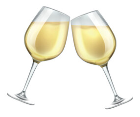 Two glasses white wine. Realistic isolated elements. Cheers party, alcohol grape beverage in glassware, 3d object, champagne. Greeting Happy New Year toast, festive birthday. Vector concept