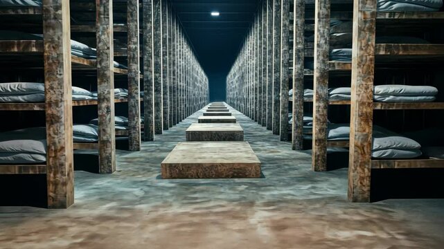 Empty barracks showing wooden bunk beds and concrete floor