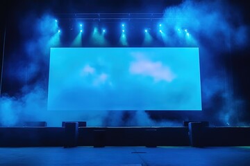 Empty Stage with Blue Screen Under Dramatic Lighting