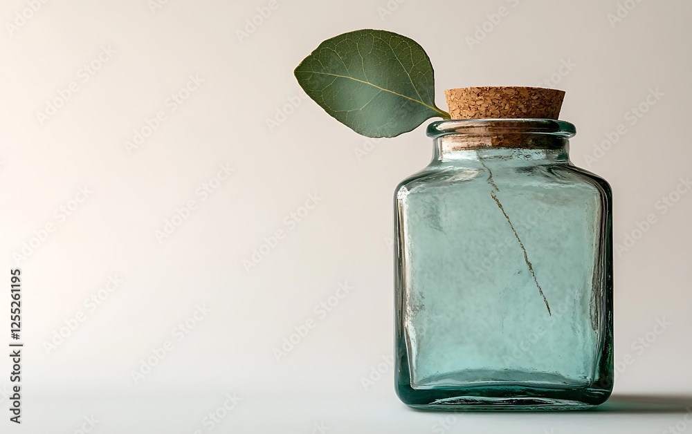 Poster teal glass jar with cork and leaf on plain background