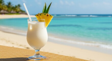 Tropical beachfront pina colada with pineapple garnish in paradise setting