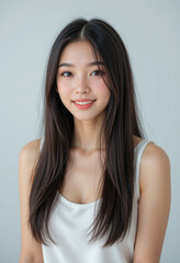 Obraz premium スキンケアや美容トリートメントに適した、自然な肌と長い髪を持つ美しいアジア人女性のクローズアップポートレート。