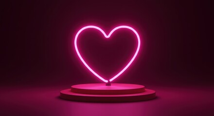 Vibrant neon heart shape on round platform with dark pink background