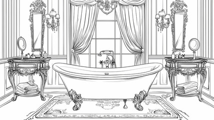 A beautiful line art illustration of an elegant Victorian bathroom with a bathtub, vanity, and mirror. This would make a great coloring book page