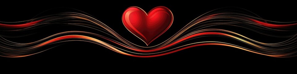 Red Heart Centered Between Golden Waves Abstract Art