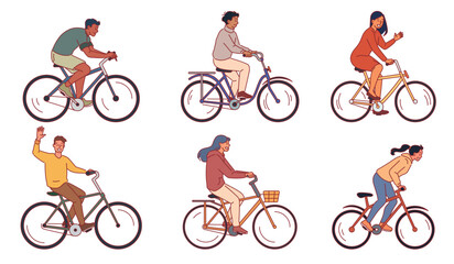Obraz premium People ride bicycles. Happy men and women travel on two wheeled bikes, active lifestyle, eco transport, city cyclists characters, citizens, sport cartoon flat style isolated vector set
