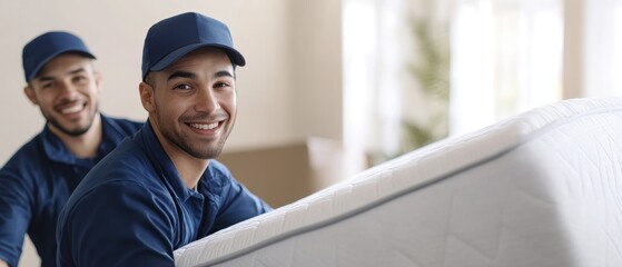 Movers transporting a mattress into a home, featuring smiling delivery professionals in uniform. Teamwork, logistics, and home services in action.