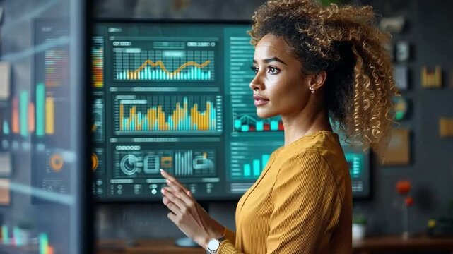 Visionary Data Analyst: A determined woman, hair styled in ringlets, focuses intently on a digital display saturated with colorful charts and graphs.