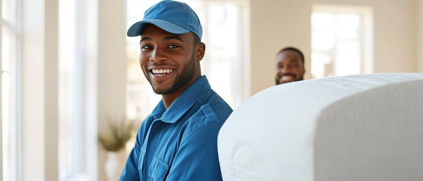 Moving service employees smiling during a home relocation, carrying furniture and boxes, showcasing teamwork and efficiency in residential moving jobs.