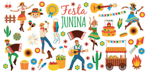 Festa junina elements. Brazil holiday, traditional harvest festival, happy dancing people, party and event participants, folk decorations cartoon flat style isolated tidy vector set