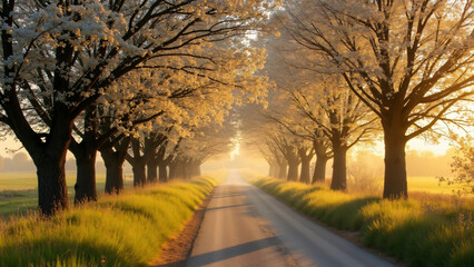 Fototapeta premium A picturesque country road lined with blossoming trees, bathed in soft golden sunlight