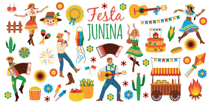 Festa junina elements. Brazil holiday, traditional harvest festival, happy dancing people, party and event participants, folk decorations cartoon flat style isolated tidy vector set