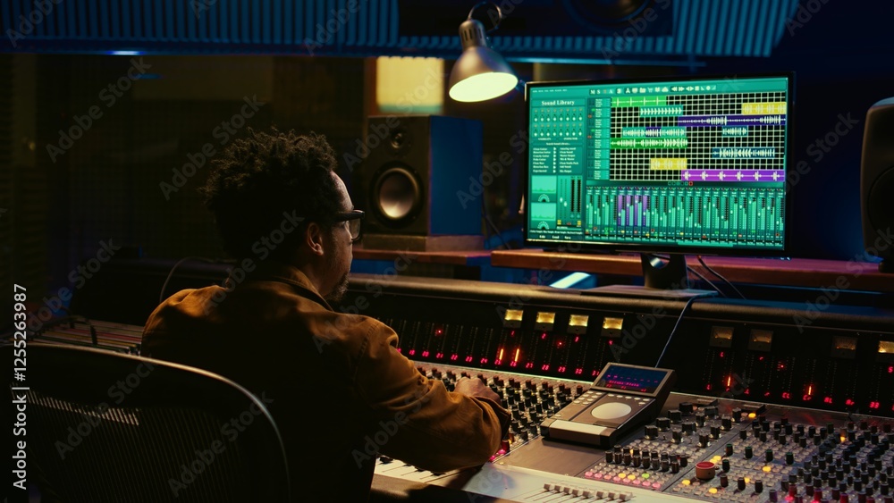 Poster Audio expert counts down for artist singing in vocal booth, recording tracks to edit them after in post production. Producer operates mixing console and buttons or sliders, control room. Camera B.