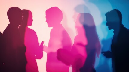 Networking, collaboration and diverse business professionals silhouette discussing ideas with digital backdrop for teamwork and innovation in modern workplace.