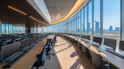 Office environment with modern design and large windows, featuring rows of computer desks. Ideal for business operations, technology discussions, and collaborative projects.