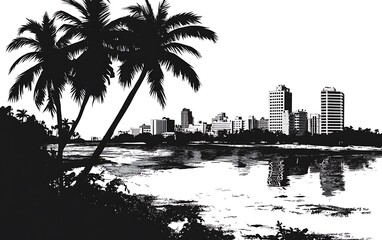 Tropical city skyline silhouette, tranquil scene, possible use for posters or print media