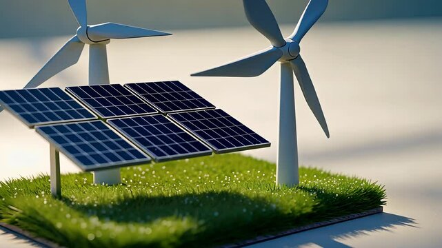 Miniature Model of Solar Panels and Wind Turbines on Artificial Grass Showcasing Renewable Energy Concept

