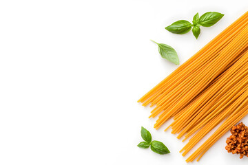 Top view raw spaghetti isolated on white background