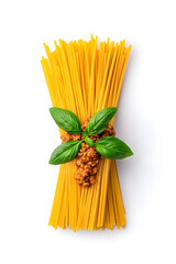 Top view raw spaghetti isolated on white background