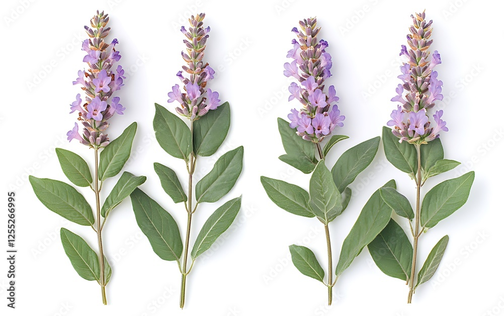 Poster Purple flowers arranged on a white background.  Possible use  Botanical illustration or design element