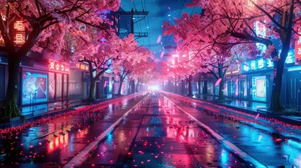 Naklejka premium Neon Nightscape: Sakura Blossom Street in Rain