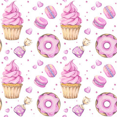 Seamless watercolor pattern in soft pink tones featuring desserts: a cupcake with pink frosting, a donut, macarons and candies. Ideal for bakery branding, cozy cafe decor, scrapbook paper