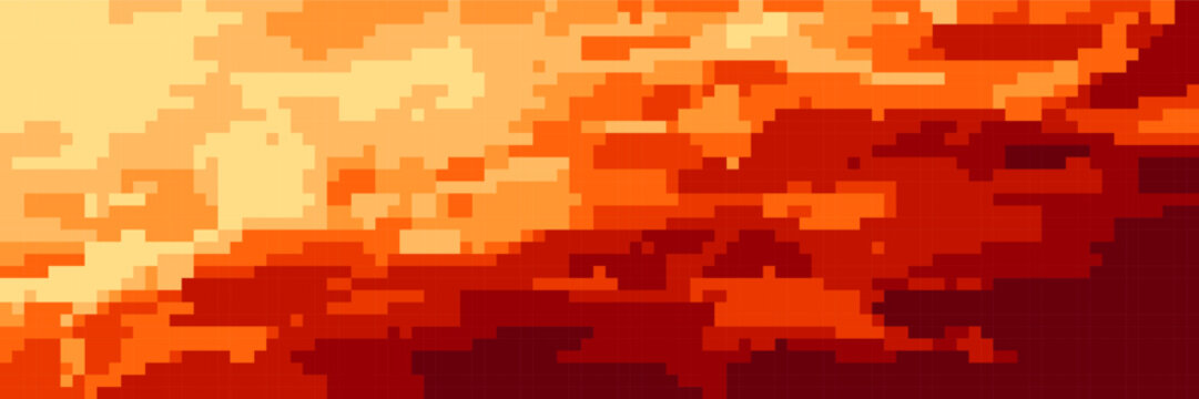 Burning sky bg with pixel texture in retro 8 bit game style. Gradient fire background with square pattern