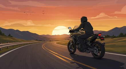 A motorcyclist rides into a vibrant sunset along a winding road