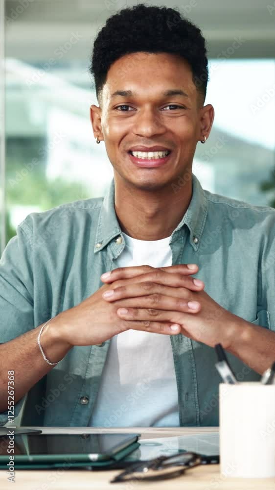 Aufkleber Face, laptop and smile with man at desk in office for computer programming or web design. Coding, engineering and software development with happy graphic designer in workplace for website testing