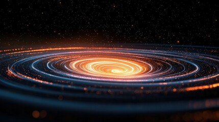 Fototapeta premium Abstract digital representation of a spiral galaxy, featuring swirling patterns of orange and gold light emitting particles against a dark space background dotted with stars.