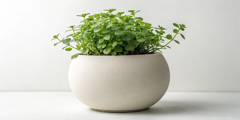 Fototapeta premium Compact green plant in a smooth white ceramic pot, placed against a clean white background, perfect for minimalist interior decor
