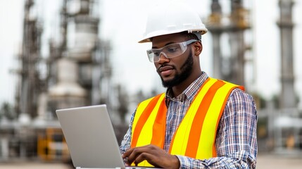 Industrial engineer in safety gear working on a laptop inside a high-tech manufacturing plant, surrounded by digital data screens and heavy machinery, showcasing innovation and automation.